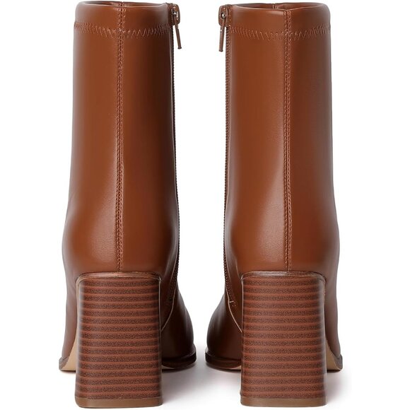 Women's Brown Chunky Block Heel Square Toe Side Zipper Short Booties - Picture 6 of 9
